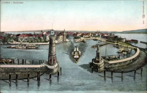 Ak Lindau am Bodensee Schwaben, Hafen, Leuchtturm