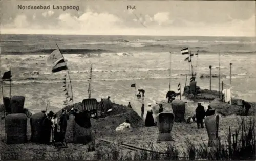 Ak Nordseebad Langeoog Ostfriesland, Nordseebad  Strand, Flut, Strandkörbe, Menschen, Flaggen