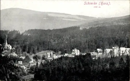 Ak Schierke Wernigerode im Harz, Schierke (Harz), 668 m, Waldlandschaft, kleine Gebäude, Kirche