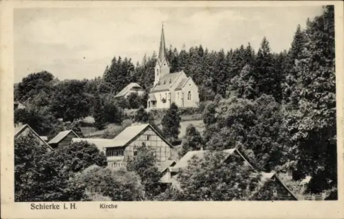 Ak Schierke Wernigerode im Harz, Kirche, Bäume, Häuser, ländliche Umgebung