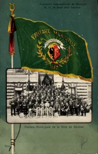 Passepartout Ak Genève Genf Schweiz, Fanfare Municipale, Fahne