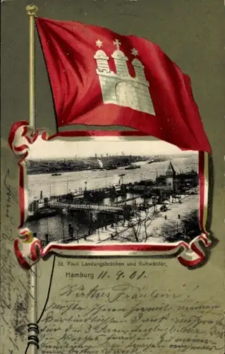 Passepartout Ak Hamburg Mitte St. Pauli, Landungsbrücken, Kuhwärder, Fahne