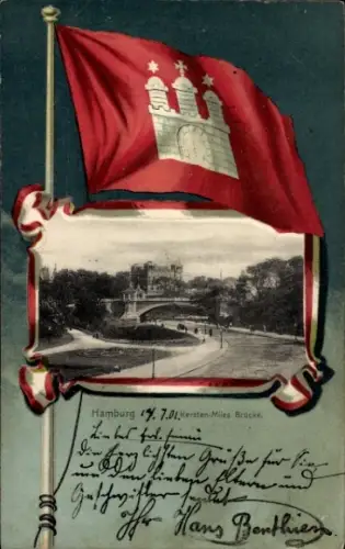 Passepartout Ak Hamburg Mitte St. Pauli, Kersten Miles Brücke, Fahne