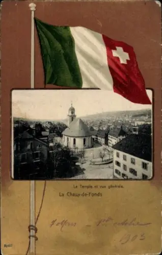 Passepartout Ak La Chaux de Fonds Kanton Neuenburg, Le Temple et vue générale