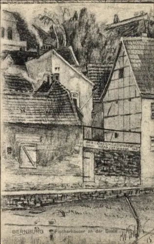 Künstler Ak Bernburg an der Saale, Fischerhäuser an der Saale