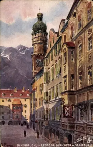 Künstler Ak Preuss, R., Innsbruck Tirol, Herzogfriedrichstraße, Stadtturm