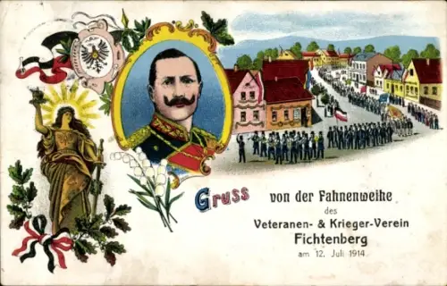 Litho Fichtenberg in Württemberg, Fahnenweihe des Veteranen- und Kriegervereins 1914, Wilhelm II