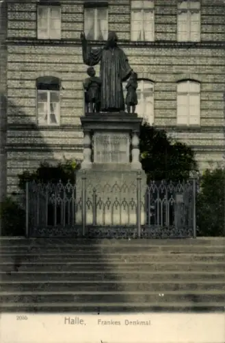 Ak Halle an der Saale, Frankes Denkmal, Statue,  Kinder, Inschrift