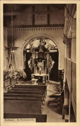 Ak Roßleben an der Unstrut Kyffhäuserkreis, St. Andreaskirche, Innenansicht, Bänke, Altar, Blumen