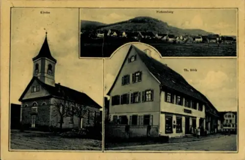Ak Fichtenberg Baden Württemberg, Gesamtansicht, Kirche, Geschäftshaus v. Th. Röck
