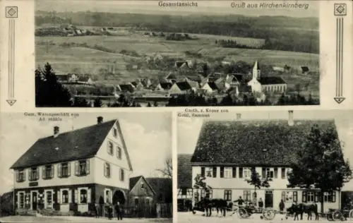 Ak Kirchenkirnberg Murrhardt in Württemberg, Gesamtansicht, Gruß aus  Warengeschäft, Gasthaus Kro
