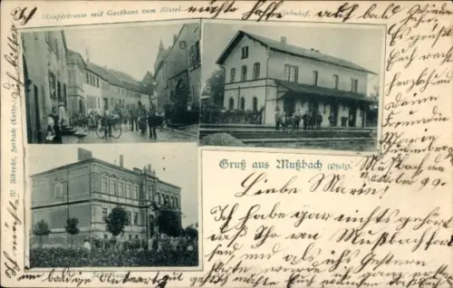 Ak Mußbach Neustadt an der Weinstraße, Drei Bilder, Hauptstraße mit Gasthaus, Gruß aus  Personen 