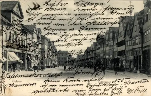 Ak Uelzen in Niedersachsen, Stadtansicht  Geschäfte, handschriftlicher Text