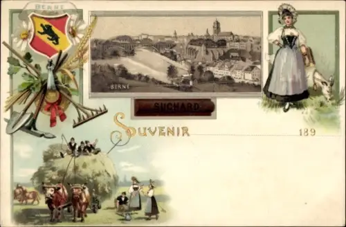 Litho Bern Stadt Schweiz, Stadtpanorama, Frau in Tracht, Heuwagen, Feldarbeiter, Suchard