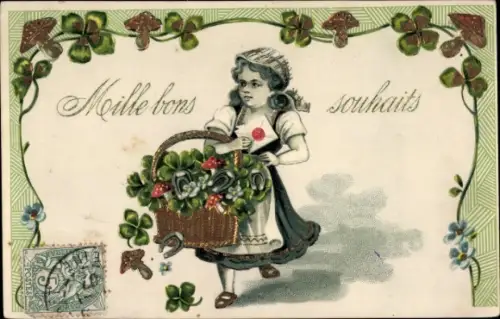 Präge Ak Glückwunsch Neujahr, Mädchen mit Korb, Kleeblätter, Fliegenpilze, Hufeisen