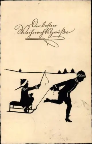 Scherenschnitt Ak Glückwunsch Weihnachten, Kinder bei Schlitten-Fahrt
