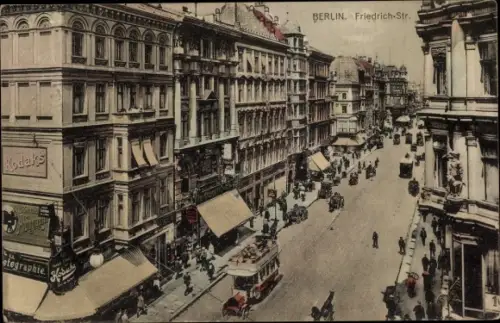 Ak Berlin Mitte, Friedrichstraße, Straßenbahn, Geschäfte