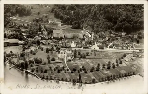 Ak Murg Kanton St. Gallen, Luftaufnahme von  Schweizer Landschaft, Fluss, Gebäude
