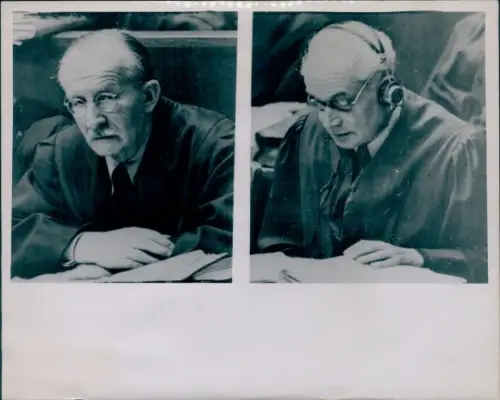Foto Nürnberger Prozess, Dr. Gustav Steinbauer, Dr. Rudolf Dix, Verteidiger Seyss-Inquart u. Schacht
