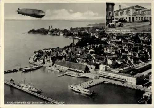 Ak Friedrichshafen am Bodensee, Luftaufnahme von  Bodensee, Zeppelin, Kronen-Brauerei