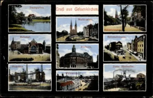 Ak Gelsenkirchen im Ruhrgebiet, Bahnhof, Stadtgarten, Postamt, Zeche Rheinelbe