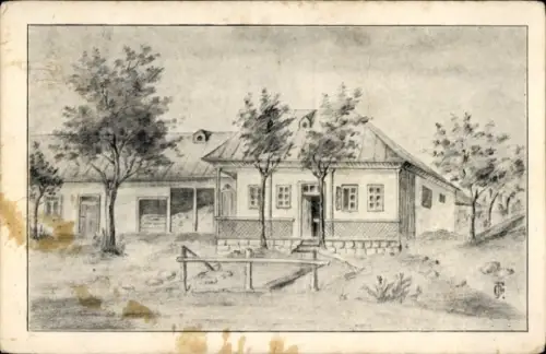 Künstler Ak Rumänien, Typisches rumänisches Bauerngehöft