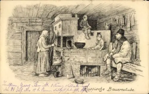 Künstler Ak Russische Bauernstube, Trachten