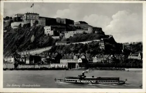 Ak Koblenz am Rhein, Blick auf Festung Ehrenbreitstein, Schiff