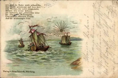 Litho Segelpartie, Segelboote, Sonnenschein