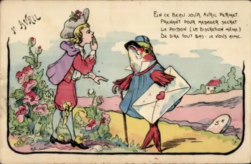 Ak Glückwunsch 1. April, Nobler Junge, Vermenschlichter Fisch, Brief