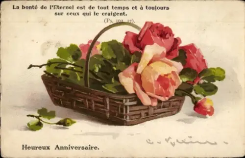 Künstler Ak Klein, Catharina, Blumenkorb, Rote Rosen