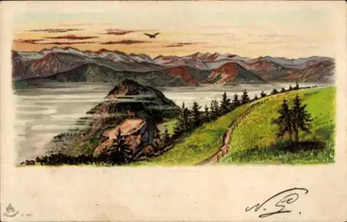 Ak Berglandschaft, Fluss, Wiese, Goldene Berge