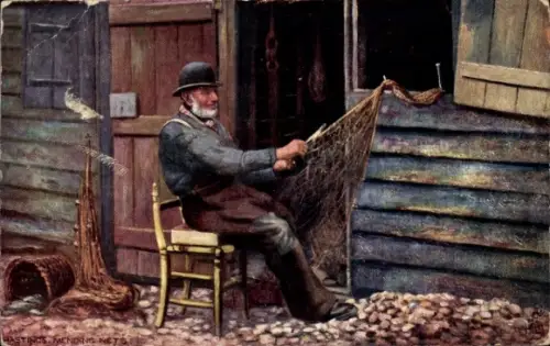 Künstler Ak Fischer repariert ein Fischnetz