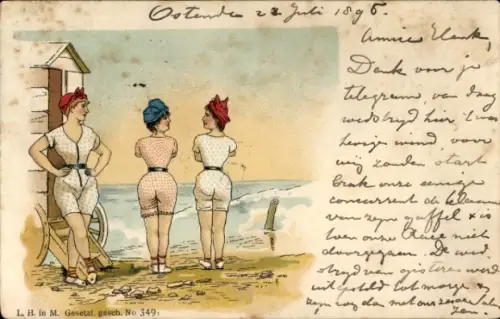 Litho Drei Frauen in Badeanzügen am Strand
