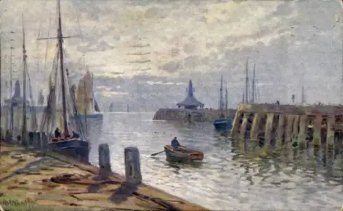 Künstler Ak Stadtansicht, Mann im Ruderboot, Hafen, Schiffe