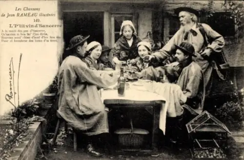 Ak Sancerre Cher, Männer und Frauen sitzen an einem Tisch und trinken Wein, Jean Rameau