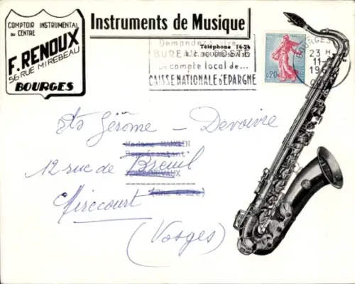 Ak Bourges Cher, Comptoir Instrumental F. Renoux, 56 Rue Mirebeau, Saxophon