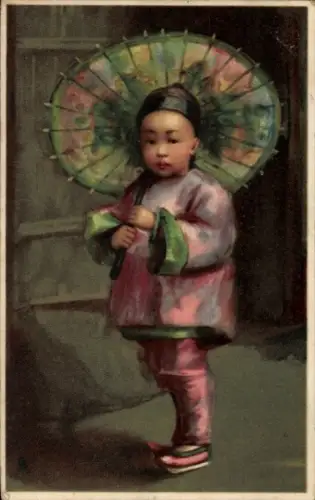 Ak Asien, Junge in Volkstracht, Sonnenschirm