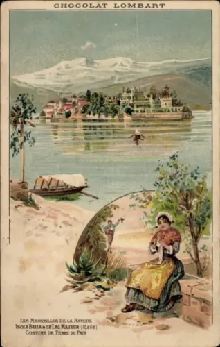 Litho Lago Maggiore Piemonte, Frau in Volkstracht, Landschaftsblick