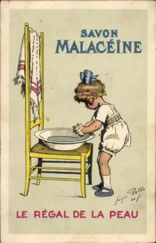 Künstler Ak Savon Malaceine, Le Regal de la Peau, Kind am Waschtisch
