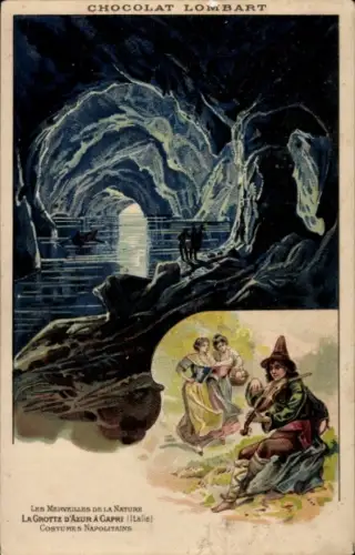 Ak Capri Neapel Campania, La Grotte d'Azur, Chocolat Lombart Paris, Mann Geige spielend