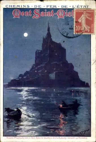 Künstler Ak Le Mont-Saint Michel Manche,  Chemins de Fer de l'État, Boote bei Nacht