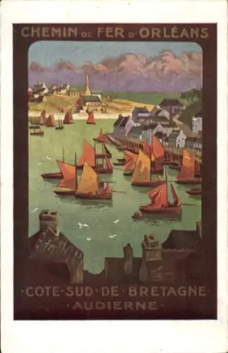 Künstler Ak Audierne Finistère, Fischereihafen, Orleans Railway, Südküste der Bretagne