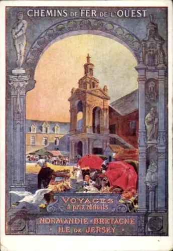 Künstler Ak Chemins de Fer de l'État, Normandie, Bretagne, Marktplatz