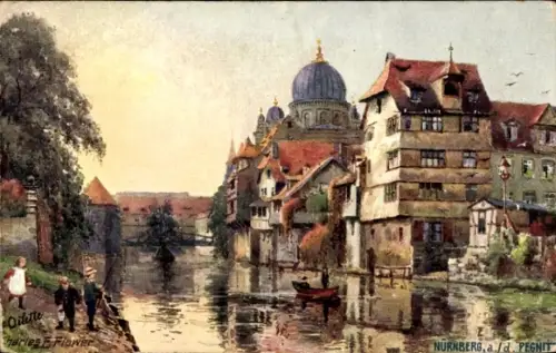 Ak Nürnberg, Malerischer Ausblick auf die Pegnitz, alte Häuser, Synagoge im Hintergrund