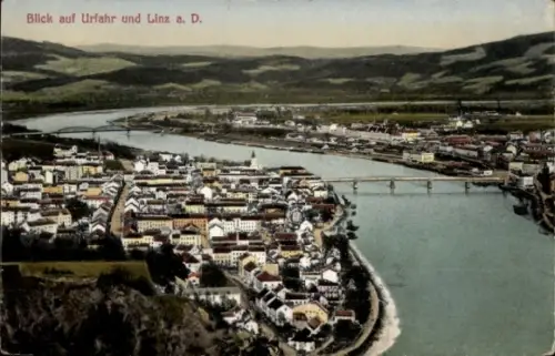 Ak Urfahr Linz an der Donau Oberösterreich, Blick auf Urfahr und Linz a. D., Flusslandschaft, Brü