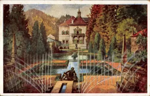 Ak Salzburg in Österreich, Lustschloss Hellbrunn, Schloss Hellbrunn, Wasserspiele, Gartenanlage, 