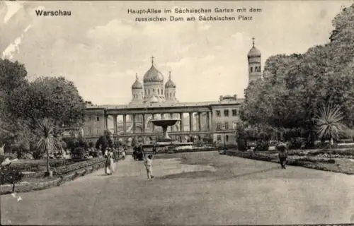 Ak Warszawa Warschau Polen,  Sächsischer Garten, russischer Dom, Haupt-Allee
