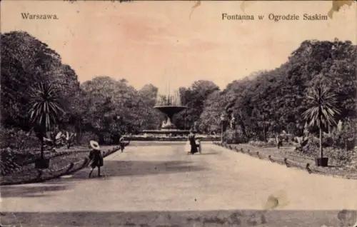 Ak Warszawa Warschau Polen, Fontäne im Saski-Garten, Menschen, Bäume, Weg
