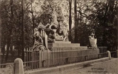 Ak Warszawa Warschau Polen,  Sobieski-Denkmal, Reiterstatue, mehrere Figuren, Denkmal